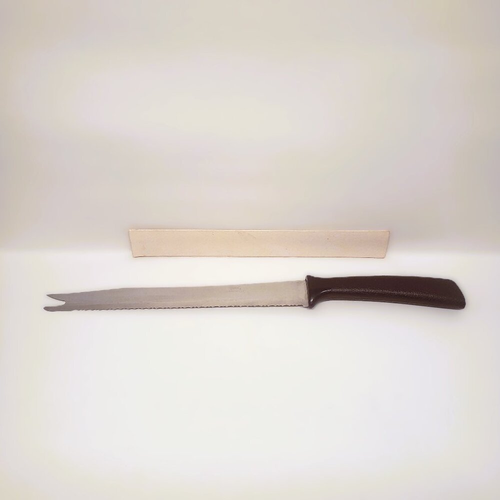 Vintage Quikut USA Knife Carving Stainless Serrated Brown Handle 8.25" Blade